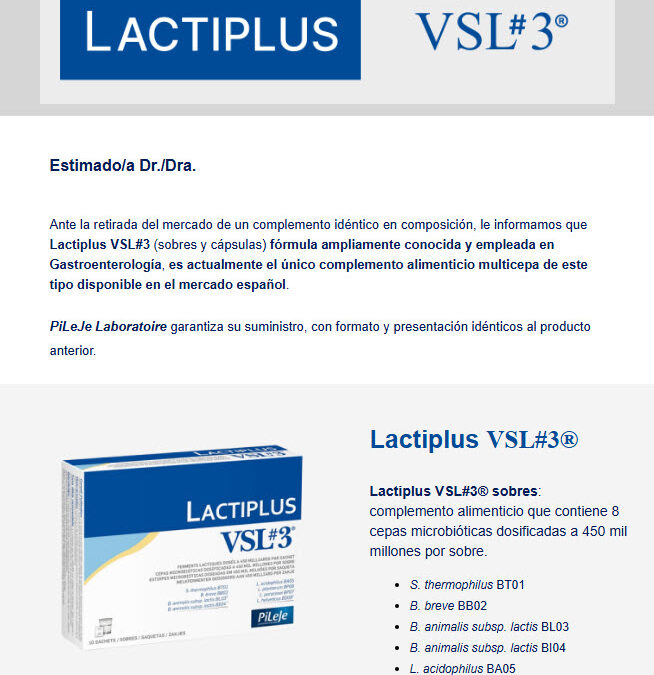 AVISO: Existencia de probióticos Lactiplus VSL#3 asegurada para reemplazar un producto que ya no estará en el mercado